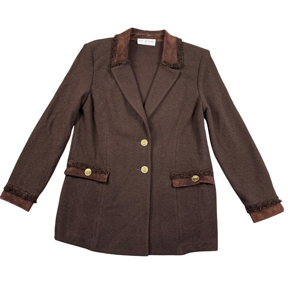 St John Collection Knit Blazer Womens Size 10 Brown Suede Trim Equestrian Luxury